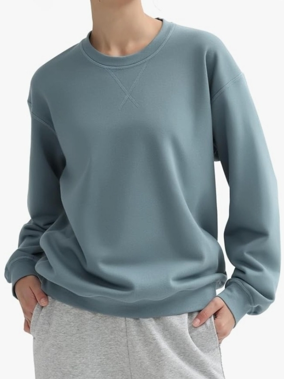 PUMIEY Women Dusty Teal Crew Neck Fleece Pullover Sweatshirt Long Sleeve Size S